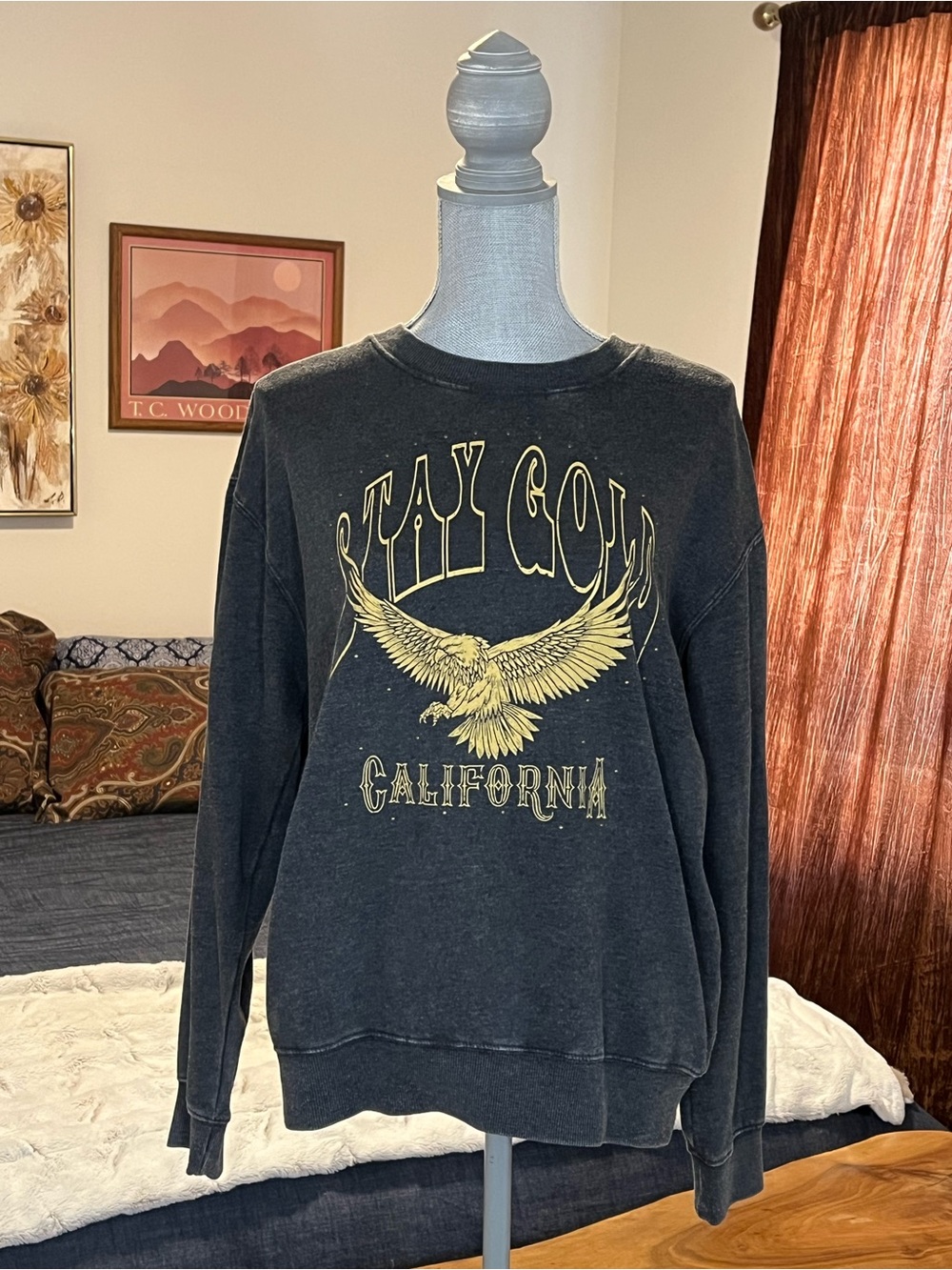 Zoe & Liv “Stay Gold California” Eagle Sweatshirt Matte Gold w/ Aged Brass Studs